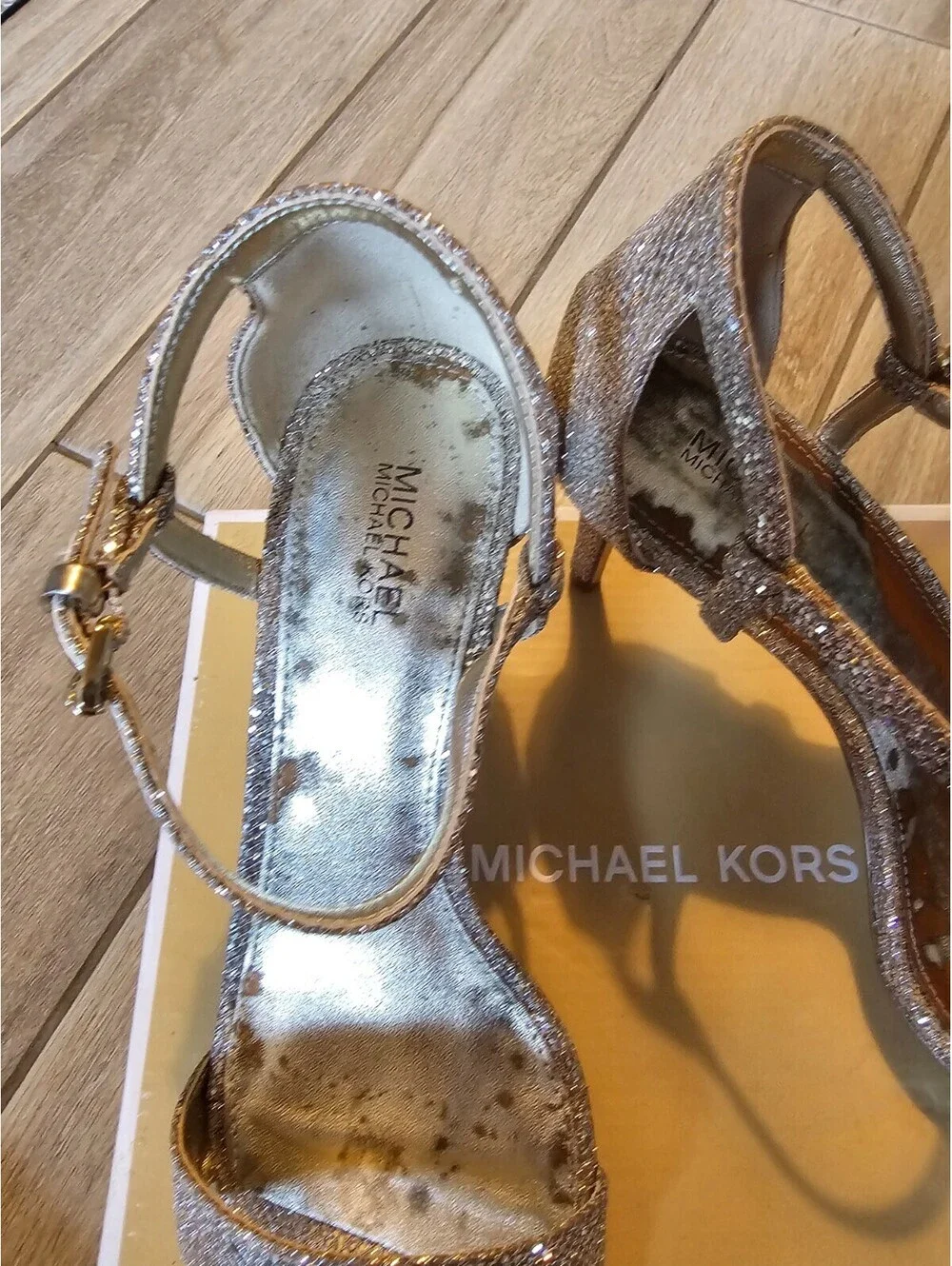 MICHAEL Michael Kors Glitter Heels Women’s 8M Gold Strappy Stiletto